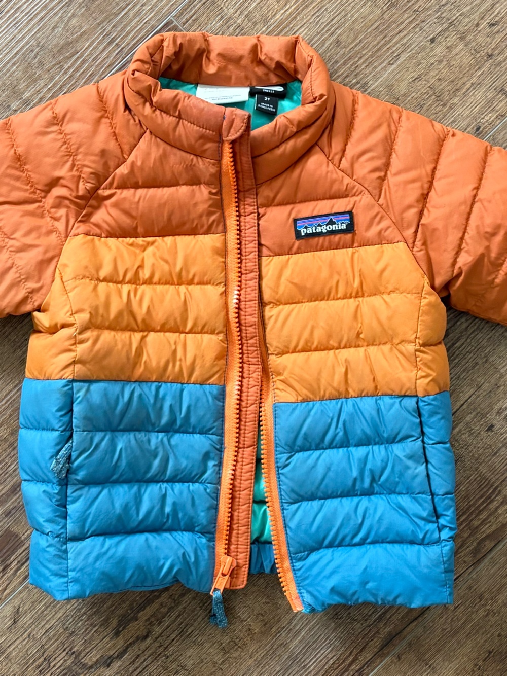 Patagonia Kids Colorblock Puffer Jacket in Orange & Teal
